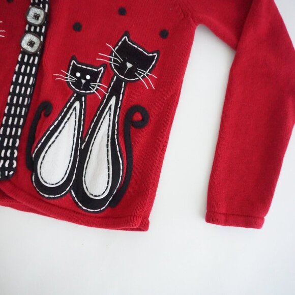 Vintage Timber Lea Red Black Embroidered Cats Knit Button Up Cardigan S - Picture 6 of 9